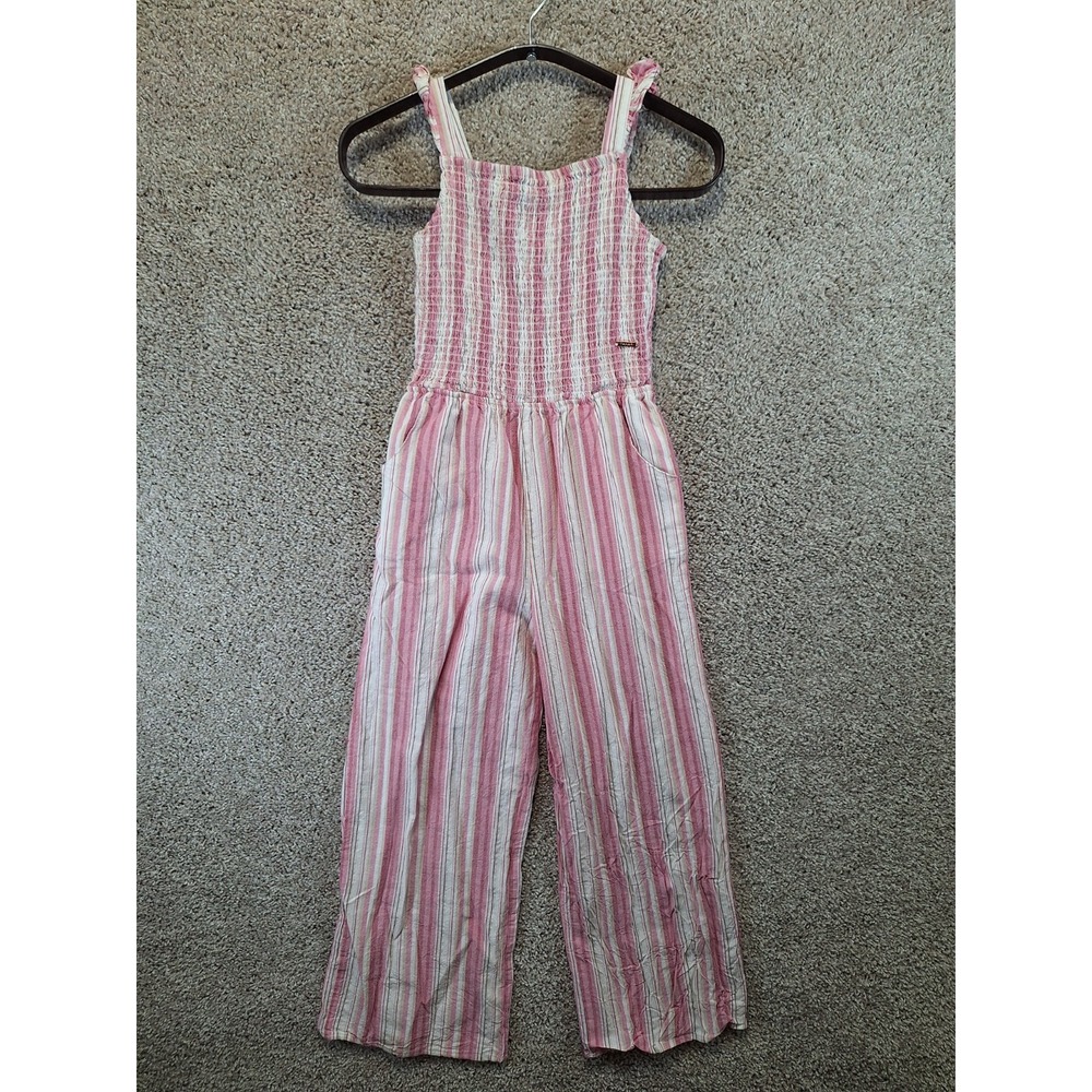 Tahari Jumpsuit Girls 10 White Pink Striped Smocked Bodice Sleeveless Wide Strap